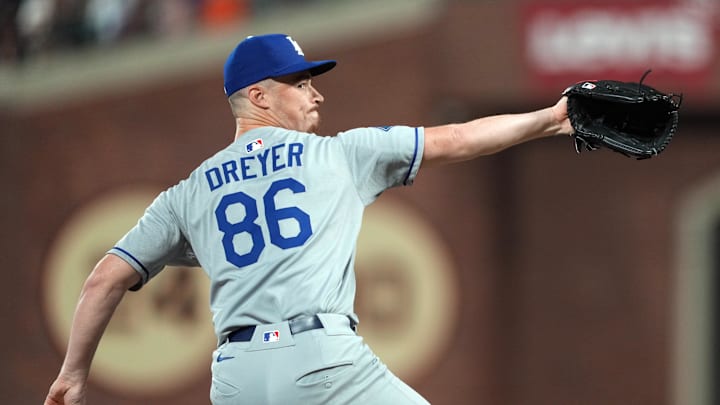 Sep 12, 2025; San Francisco, California, USA; Los Angeles Dodgers pitcher Jack Dreyer (86) throws a pitch against the San Francisco Giants during the eighth inning at Oracle Park. Mandatory Credit: Darren Yamashita-Imagn Images
