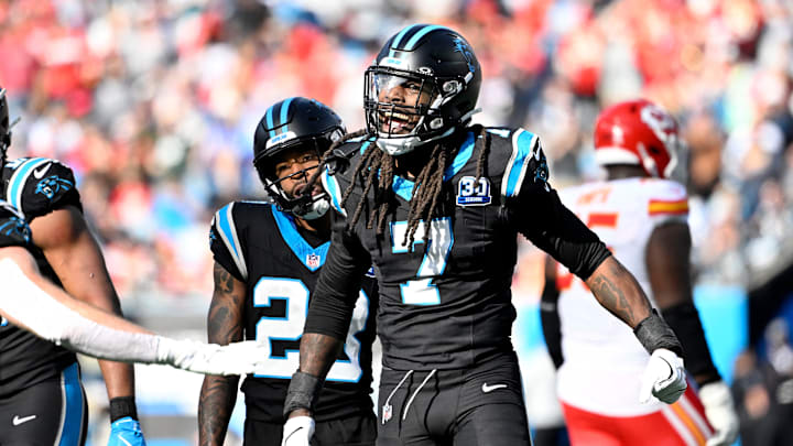 Nov 24, 2024; Charlotte, North Carolina, USA; Carolina Panthers linebacker Jadeveon Clowney (7) reacts after making a sack in the second quarter at Bank of America Stadium. Mandatory Credit: Bob Donnan-Imagn Images Nov 24, 2024; Charlotte, North Carolina, USA; Carolina Panthers linebacker Jadeveon Clowney (7) reacts after making a sack in the second quarter at Bank of America Stadium. Mandatory Credit: Bob Donnan-Imagn Images