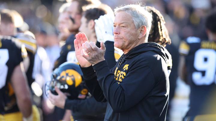 Nov 25, 2022; Iowa City, Iowa, USA; Iowa Hawkeyes head coach Kirk Ferentz watches his team play the Nebraska Cornhuskers at Kinnick Stadium. Mandatory Credit: Reese Strickland-Imagn Images