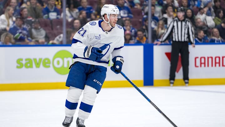 Dec 8, 2024; Vancouver, British Columbia, CAN; Tampa Bay Lightning forward Brayden Point (21) skates against the Vancouver Canucks during the second period at Rogers Arena. Mandatory Credit: Bob Frid-Imagn Images