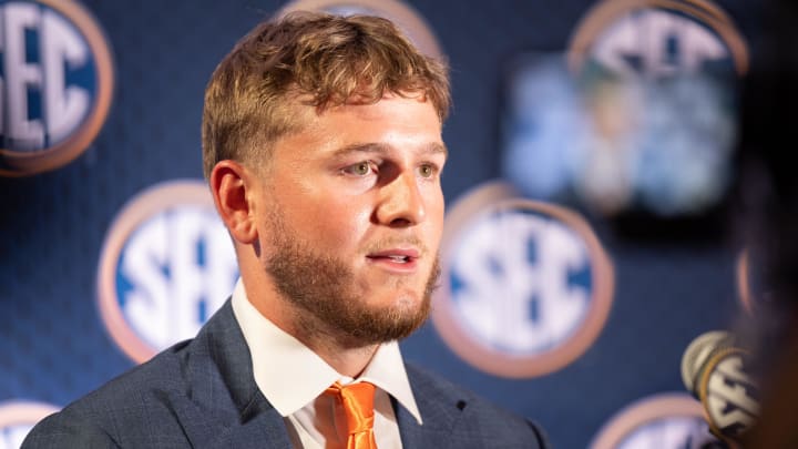 Jul 17, 2024; Dallas, TX, USA; Texas quarterback Quinn Ewers speaking at Omni Dallas Hotel. Mandatory Credit: Brett Patzke-USA TODAY Sports Jul 17, 2024; Dallas, TX, USA; Texas quarterback Quinn Ewers speaking at Omni Dallas Hotel. Mandatory Credit: Brett Patzke-USA TODAY Sports