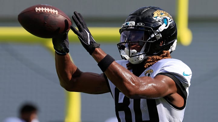 Jacksonville Jaguars wide receiver Joshua Cephus (80) catches a pass during an NFL training camp session at the Miller Electric Center, Thursday, Aug. 14, 2025 in Jacksonville, Fla.