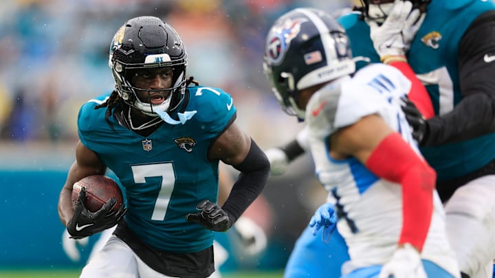 Jacksonville Jaguars wide receiver Brian Thomas Jr. (7) rushes for yards during the second quarter of an NFL football matchup Sunday, Dec. 29, 2024 at EverBank Stadium in Jacksonville, Fla. [Corey Perrine/Florida Times-Union]