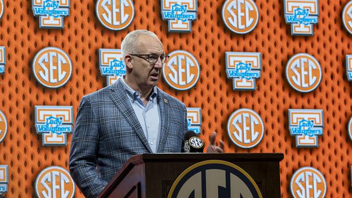 Oct 15, 2025; Birmingham, AL, USA; SEC commissioner Greg Sankey introduces Tennessee Volunteers head coach Kim Caldwell at during SEC Media Days at Grand Bohemian Hotel. Mandatory Credit: Vasha Hunt-Imagn Images