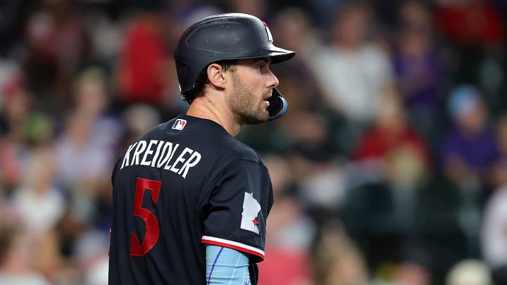 Jun 21, 2026; Phoenix, Arizona, USA; Detailed view of the jersey of Minnesota Twins infielder Ryan Kreidler (5) against the Arizona Diamondbacks at Chase Field. Mandatory Credit: Mark J. Rebilas-Imagn Images