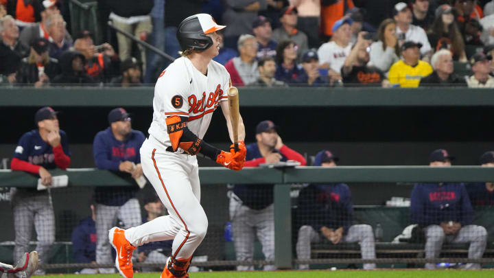 Sep 28, 2023; Baltimore, Maryland, USA; Baltimore Orioles right fielder Heston Kjerstad (13) hits an