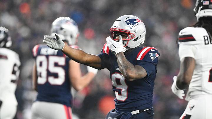 Jan 18, 2026; Foxborough, MA, USA; iNew England Patriots wide receiver Kayshon Boutte (9) reacts after a play in the second quarter against the Houston Texans in an AFC Divisional Round game at Gillette Stadium. Mandatory Credit: Brian Fluharty-Imagn Images