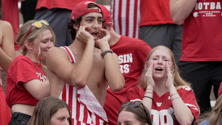 Spectators chant for the firing of Wisconsin head coach Luke Fickell during the fourth quarter of their game Saturday, September 20, 2025 at Camp Randall Stadium in Madison, Wisconsin. Maryland beat Wisconsin 27-10.