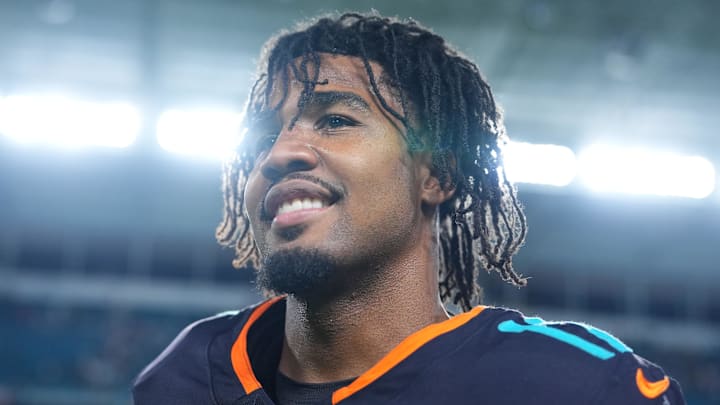 Miami Dolphins wide receiver Jaylen Waddle (17) reacts after the game against the New York Jets at Hard Rock Stadium. Miami Dolphins wide receiver Jaylen Waddle (17) reacts after the game against the New York Jets at Hard Rock Stadium.