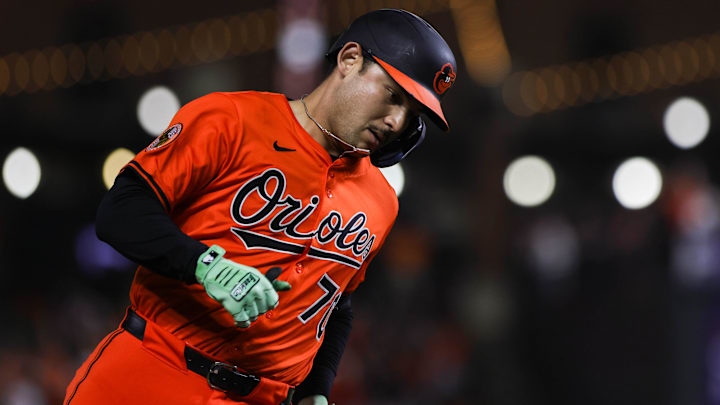 Jul 26, 2025; Baltimore, Maryland, USA; Baltimore Orioles catcher Alex Jackson rounds the bases during a home run against Colorado Rockies in the eighth inning at Oriole Park at Camden Yards. Mandatory Credit: Lexi Thompson-Imagn Images