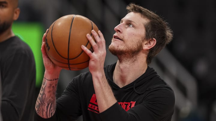 Mar 10, 2025; Atlanta, Georgia, USA; Atlanta Hawks guard Garrison Mathews (24) on the court prior to the game against the Philadelphia 76ers at State Farm Arena. Mandatory Credit: Dale Zanine-Imagn Images
