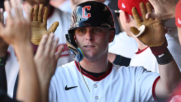 Jun 28, 2026: Cleveland Guardians left fielder Cooper Ingle (30) celebrates after scoring during the eighth inning against the Seattle Mariners at Progressive Field. 