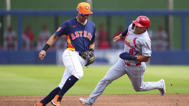 Mar 5, 2025; West Palm Beach, Florida, USA; St. Louis Cardinals left feilder JJ Wetherholt (87) rounds second base against the Houston Astros during the second inning at CACTI Park of the Palm Beaches. Mandatory Credit: Rich Storry-Imagn Images
