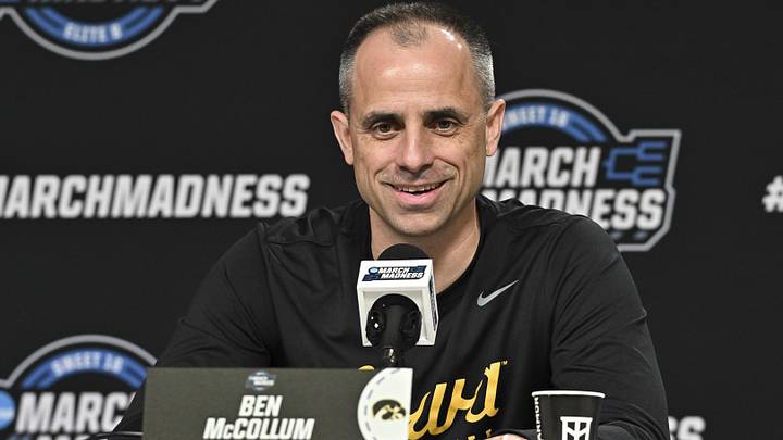 Mar 25, 2026; Houston, TX, USA; Iowa Hawkeyes head coach Ben McCollum speaks during a practice session press conference ahead of the south regional of the men's 2026 NCAA Tournament at Toyota Center. Mandatory Credit: Maria Lysaker-Imagn Images Mar 25, 2026; Houston, TX, USA; Iowa Hawkeyes head coach Ben McCollum speaks during a practice session press conference ahead of the south regional of the men's 2026 NCAA Tournament at Toyota Center. Mandatory Credit: Maria Lysaker-Imagn Images