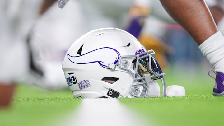 Dec 16, 2024; Minneapolis, Minnesota, USA; Minnesota Vikings Winter Warrior helmet before the game against the Chicago Bears at U.S. Bank Stadium. Mandatory Credit: Brad Rempel-Imagn Images