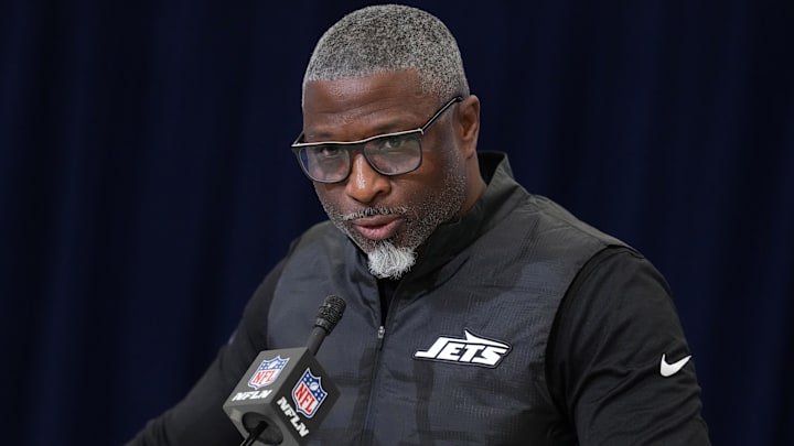 Feb 24, 2026; Indianapolis, IN, USA; New York Jets coach Aaron Glenn speaks at the NFL Scouting Combine at the Indiana Convention Center.