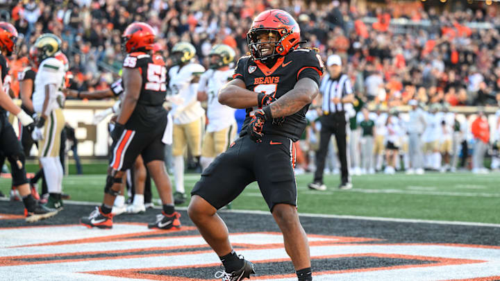 Oct 5, 2024; Corvallis, Oregon, USA; Oregon State Beavers running back Anthony Hankerson (0) celebrates after a touchdown against the Colorado State Rams during the second quarter at Reser Stadium. Mandatory Credit: Craig Strobeck-Imagn Images