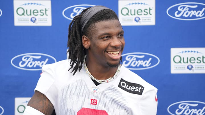 Jul 25, 2024; East Rutherford, NY, USA; New York Giants cornerback Deonte Banks (3) gives an interview after training camp at Quest Diagnostics Training Center.  