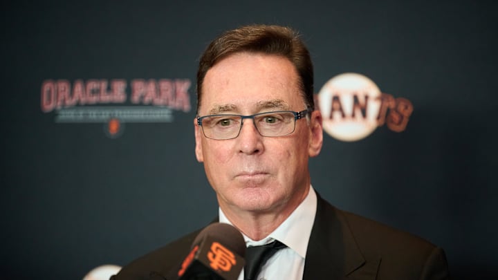 Oct 1, 2024; San Francisco, CA, USA; San Francisco Giants manager Bob Melvin addresses the media during a press conference at Oracle Park. 