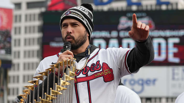 The former Braves catcher gave one last shoutout after signing with the Angels The former Braves catcher gave one last shoutout after signing with the Angels