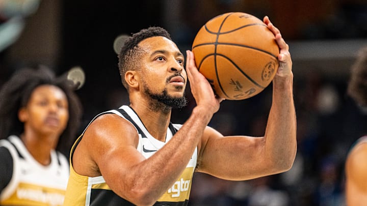 Dec 20, 2025; Memphis, Tennessee, USA; Washington Wizards Guard CJ McCollum (3) shoots a free-throw in the first half against the Memphis Grizzlies at FedExForum. Mandatory Credit: Matthew Smith-Imagn Images