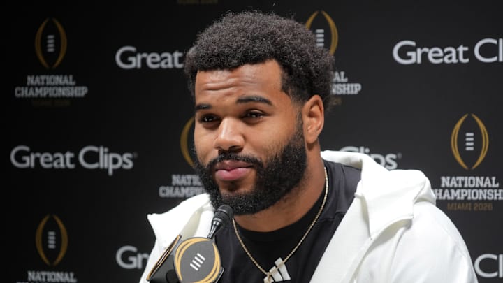 Jan 17, 2026; Miami, Florida, USA; Miami Hurricanes defensive lineman 	Akheem Mesidor during media day for the 2025 College Football Playoff National Championship at Miami Beach Convention Center. Mandatory Credit: Kirby Lee-Imagn Images