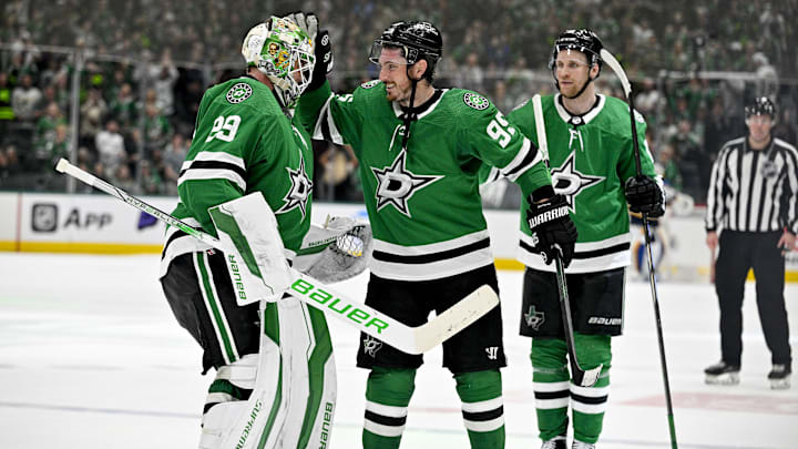 Apr 17, 2024; Dallas, Texas, USA; Dallas Stars goaltender Jake Oettinger (29) and center Matt