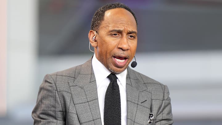 Oct 23, 2024; Inglewood, California, USA; Stephen A. Smith (Stephen Smith) on the ESPN NBA Countdown live set at Intuit Dome. Mandatory Credit: Kirby Lee-Imagn Images
