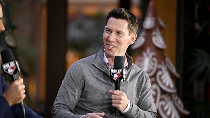 Dec 9, 2024; Dallas, TX, USA; Boston Red Sox chief baseball officer Craig Breslow speaks with the media 
at the Hilton Anatole during the 2024 MLB Winter Meetings. Mandatory Credit: Jerome Miron-Imagn Images