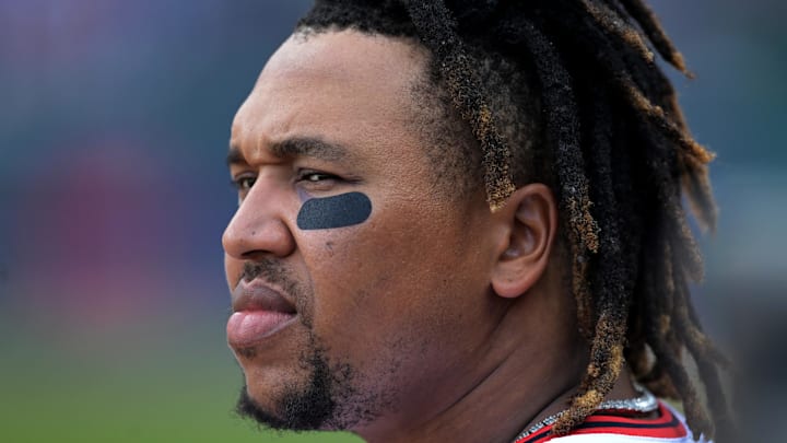 Oct 2, 2025; Cleveland, Ohio, USA; Cleveland Guardians third baseman Jose Ramirez (11) in the second inning against the Detroit Tigers during game three of the Wildcard round for the 2025 MLB playoffs at Progressive Field. Mandatory Credit: Ken Blaze-Imagn Images