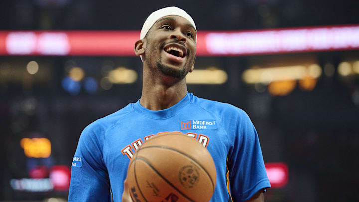 Nov 30, 2025; Portland, Oregon, USA; Oklahoma City Thunder guard Shai Gilgeous-Alexander (2) smiles during pregame warm ups before a game against the Portland Trail Blazers at Moda Center. Mandatory Credit: Troy Wayrynen-Imagn Images