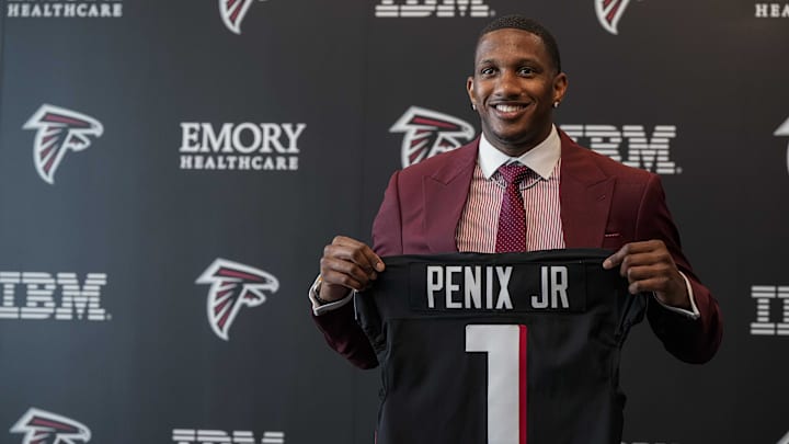 Apr 26, 2024; Flowery Branch, GA, USA; Atlanta Falcons first round draft pick quarterback Michael