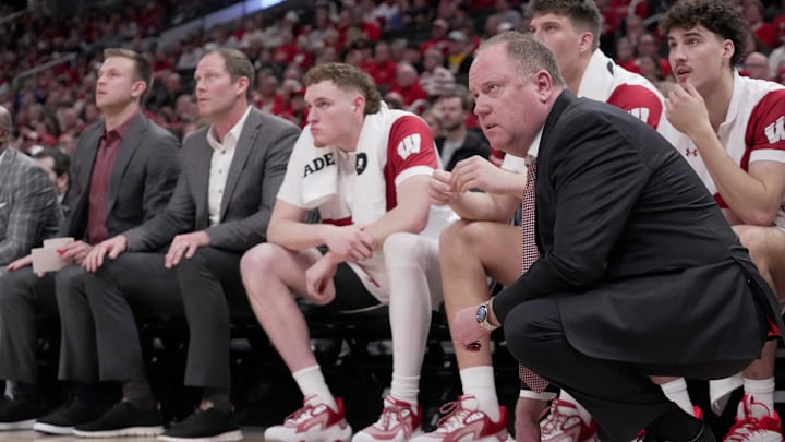Wisconsin head coach Greg Gard is shown during the first half of their game against Villanova Friday, December 19, 2025 at Fiserv Forum in Milwaukee, Wisconsin.