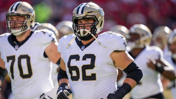 August 18, 2024; Santa Clara, California, USA; New Orleans Saints guard Lucas Patrick (62) before the game against the San Francisco 49ers at Levi's Stadium. Mandatory Credit: Kyle Terada-Imagn Images