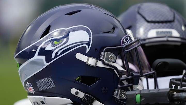 Aug 23, 2025; Green Bay, Wisconsin, USA;  General view of a Seattle Seahawks helmet prior to the game against the Green Bay Packers at Lambeau Field. Mandatory Credit: Jeff Hanisch-Imagn Images