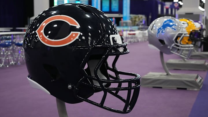 Feb 9, 2024; Las Vegas, NV, USA; A large Chicago Bears helmet at the NFL Experience at the Mandalay Bay South Convention Center. Mandatory Credit: Kirby Lee-Imagn Images