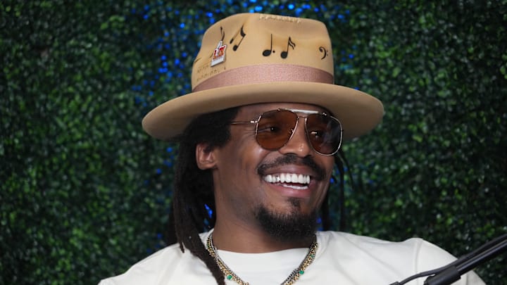 Feb 7, 2025; New Orleans, LA, USA; Cam Newton on Radio Row at the Super Bowl LIX media center. Mandatory Credit: Kirby Lee-Imagn Images