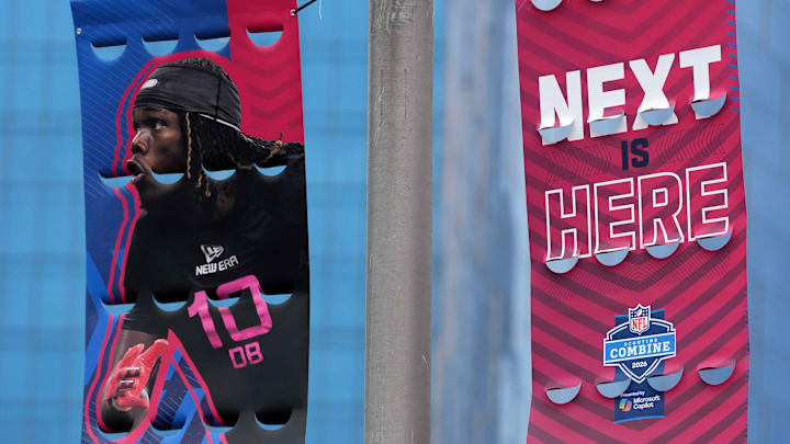 Feb 24, 2026; Indianapolis, IN, USA; NFL Scouting Combine banners at the Indiana Convention Center. Mandatory Credit: Kirby Lee-Imagn Images Feb 24, 2026; Indianapolis, IN, USA; NFL Scouting Combine banners at the Indiana Convention Center. Mandatory Credit: Kirby Lee-Imagn Images