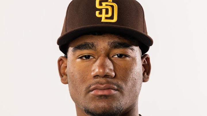 Feb 19, 2025; Peoria, AZ, USA; San Diego Padres infielder Leodalis De Vries poses for a portrait during Media Day at Peoria Sports Complex. Mandatory Credit: Mark J. Rebilas-Imagn Images