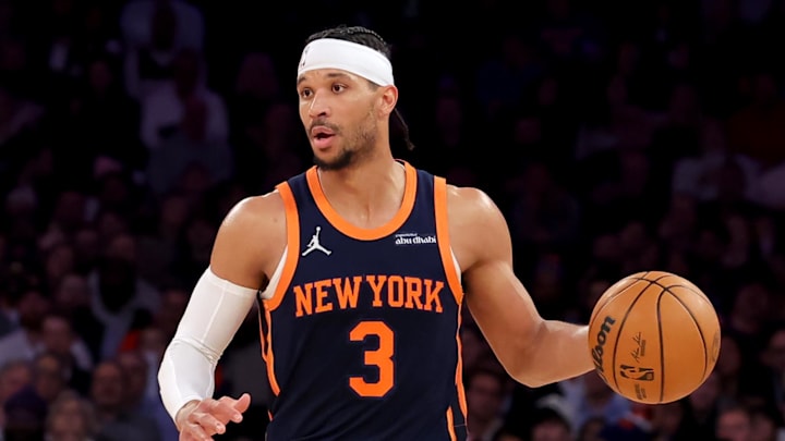 Mar 17, 2025; New York, New York, USA; New York Knicks guard Josh Hart (3) brings the ball up court against the Miami Heat during the second quarter at Madison Square Garden. Mandatory Credit: Brad Penner-Imagn Images