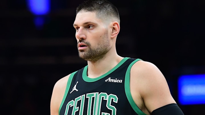 Feb 6, 2026; Boston, Massachusetts, USA;  Boston Celtics center Nikola Vucevic enters the game during the first half against the Miami Heat at TD Garden. Mandatory Credit: Bob DeChiara-Imagn Images