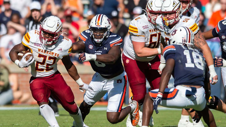 Louisiana-Monroe Warhawks running back Ahmad Hardy (22) runs the ball as Auburn Tigers take on Louisiana-Monroe Warhawks at Jordan-Hare Stadium in Auburn, Ala., on Saturday, Nov. 16, 2024. Auburn Tigers lead Louisiana-Monroe Warhawks 24-0 at halftime.