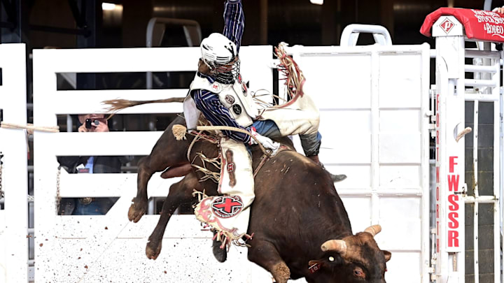 Colorado native Hayden Welsh spurring a bull during the Semi-Finals of the Fort Worth Stock Show & Rodeo