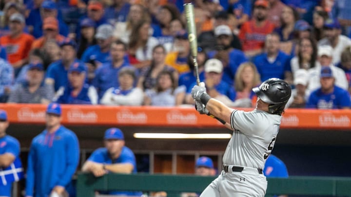 Gamecocks infielder Gavin Casas (52) with a RBI in the top of the first inning in Game 1 of NCAA Super Regionals against UF, Friday, June 9, 2023, at Condron Family Ballpark in Gainesville, Florida. Florida beat South Carolina 5-4. [Cyndi Chambers/ Gainesville Sun] 2023