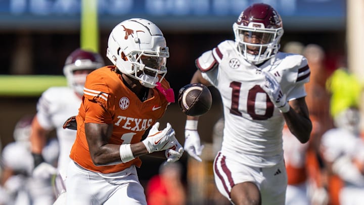 Texas Longhorns wide receiver Johntay Cook II (1) reaches out his hands to catch a pass as the Texas Longhorns take on Mississippi State at Darrell K Royal-Texas Memorial Stadium in Austin Saturday, Sept. 28, 2024. Texas Longhorns wide receiver Johntay Cook II (1) reaches out his hands to catch a pass as the Texas Longhorns take on Mississippi State at Darrell K Royal-Texas Memorial Stadium in Austin Saturday, Sept. 28, 2024.