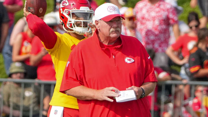 Jul 22, 2024; St. Joseph, MO, USA; Kansas City Chiefs head coach Andy Reid looks on during training camp at Missouri Western State University. Mandatory Credit: Denny Medley-Imagn Images