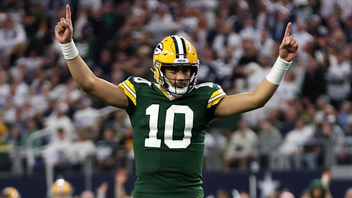 Jan 14, 2024; Arlington, Texas, USA; Green Bay Packers quarterback Jordan Love (10) reacts after a
