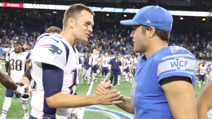 Lions quarterback Matthew Stafford and Patriots quarterback Tom Brady shake hands after the Lions' 26-10 win on the game Friday, August 25, 2017 at Ford Field in Detroit MI. Kirthmon F. Dozier/Detroit Free Press

Lions 082517 Kd 33