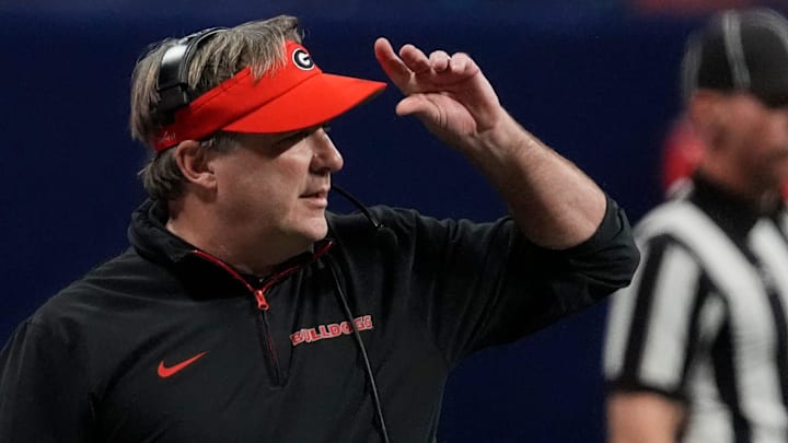 Georgia coach Kirby Smart looks on during the first half of the SEC championship game against Texas in Atlanta, on Saturday, Dec. 7, 2024.