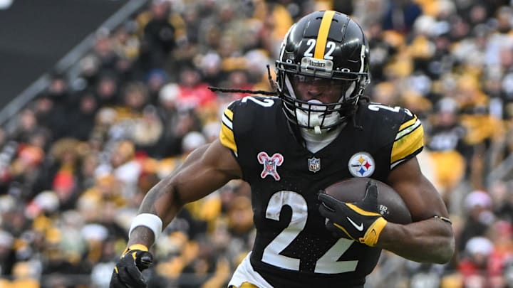 Dec 25, 2024; Pittsburgh, Pennsylvania, USA; Pittsburgh Steelers running back Najee Harris (22) runs against the Kansas City Chiefs during the second half at Acrisure Stadium. Mandatory Credit: Barry Reeger-Imagn Images